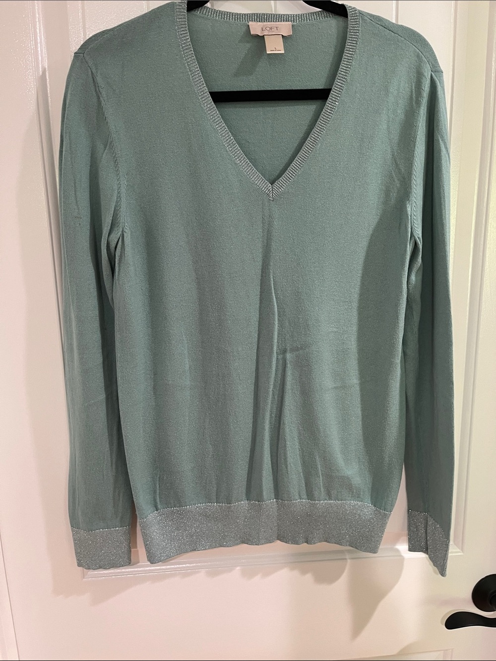 LOFT Mint Blue Green V-Neck Sweater with Metallic Trim